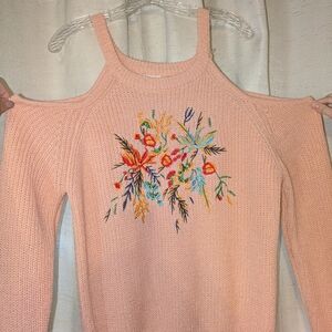Blu Pepper Peach Off-the-Shoulder Sweater with Floral Embroidery